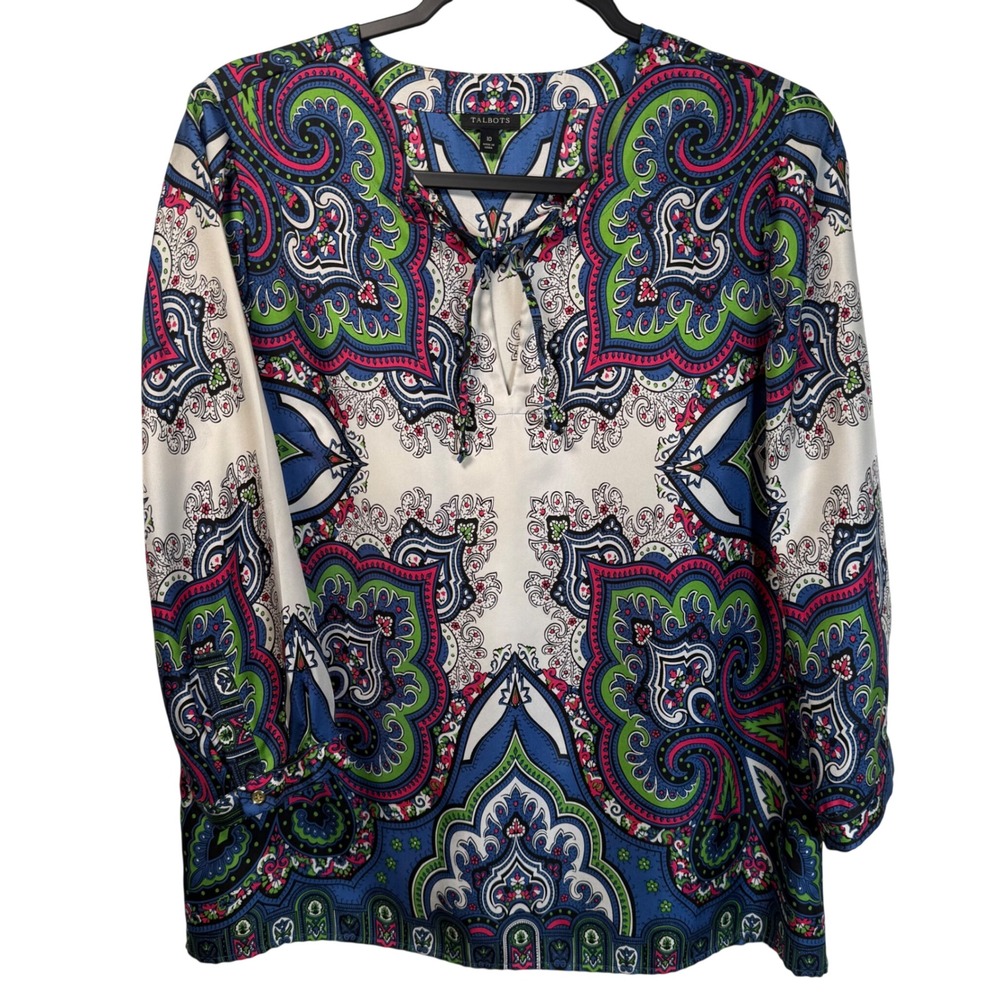 Talbots Women's 100% Silk Blouse, Vibrant Paisley Medallion Print Art, Size 10